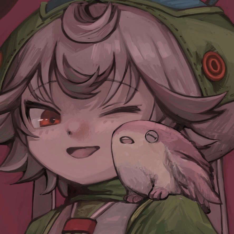 1girl bangs commentary creature creature_on_shoulder cropped green_headwear hat looking_at_viewer made_in_abyss meinya_(made_in_abyss) namuta on_shoulder one_eye_closed open_mouth portrait prushka purple_background red_eyes short_hair smile white_hair