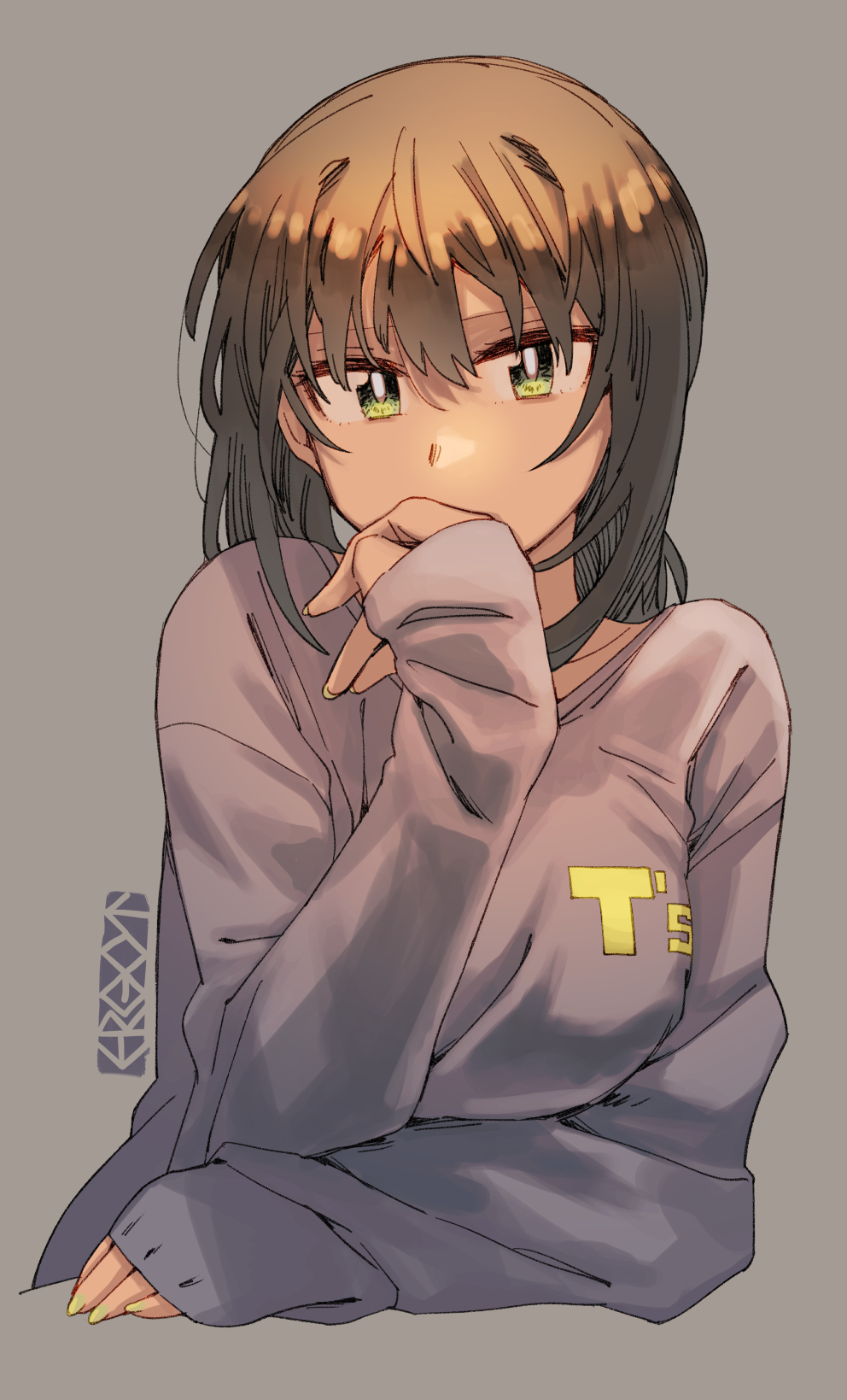 1girl alternate_costume bangs breasts brown_hair clothes_writing cropped_torso ergot fubuki_(kancolle) green_eyes green_nails grey_background grey_sweater hair_between_eyes highres kantai_collection long_sleeves looking_at_viewer nail_polish signature simple_background sleeves_past_wrists solo sweater upper_body