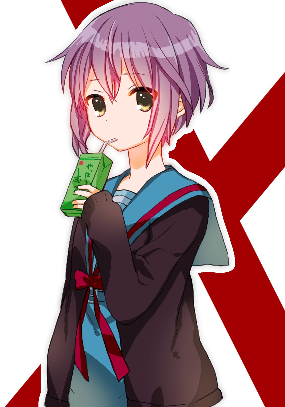 1girl ariazi bangs blue_sailor_collar blue_skirt brown_cardigan cardigan commentary_request drink drinking drinking_straw_in_mouth highres holding holding_drink juice_box kita_high_school_uniform long_sleeves looking_at_viewer nagato_yuki open_cardigan open_clothes purple_hair red_ribbon ribbon sailor_collar school_uniform serafuku short_hair skirt solo suzumiya_haruhi_no_yuuutsu upper_body yellow_eyes