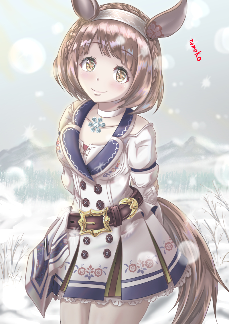 animal_ears arms_behind_back artist_name belt blush breasts brown_eyes collar collarbone commentary_request dress headband horse_ears horse_tail looking_at_viewer medium_breasts medium_hair shingeki_no_nameko smile snow snowing tail umamusume winter yukino_bijin_(umamusume)