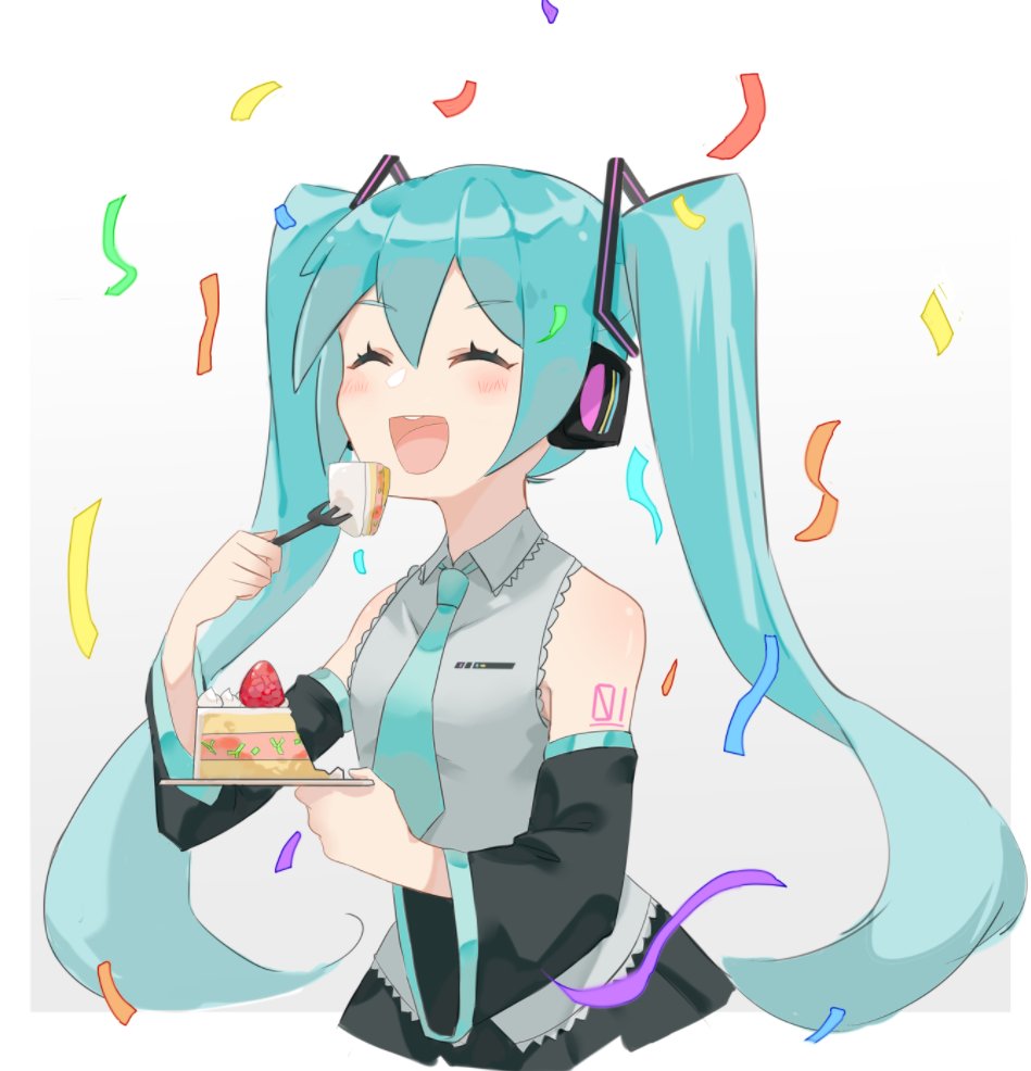 1girl aqua_hair aqua_necktie bare_shoulders birthday birthday_cake black_skirt black_sleeves cake closed_eyes commentary confetti detached_sleeves eating food fork grey_shirt hair_ornament hatsune_miku headphones holding holding_cake holding_food holding_fork long_hair necktie nejikyuu open_mouth pleated_skirt shirt shoulder_tattoo skirt sleeveless sleeveless_shirt solo tattoo twintails upper_body very_long_hair vocaloid