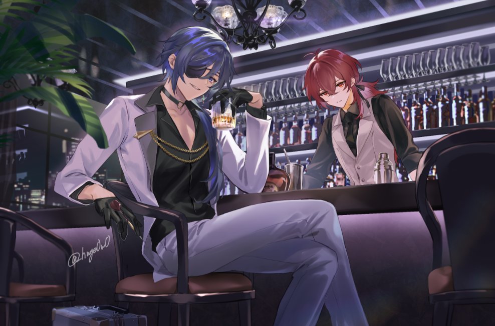 2boys alcohol alternate_costume antenna_hair artist_name bangs bar bartender black_choker black_gloves black_necktie black_shirt blue_eyes blue_hair bottle buttons chair choker closed_mouth collarbone collared_shirt commentary_request counter crossed_legs cup dark-skinned_male dark_skin diluc_(genshin_impact) dress_shirt eyepatch formal genshin_impact glint gloves hair_between_eyes hair_over_shoulder half_gloves head_tilt hoge_(hoge0w0) holding holding_cup indoors jacket kaeya_(genshin_impact) lapels long_hair long_sleeves looking_at_viewer male_focus multiple_boys necktie night on_chair one_eye_covered open_clothes open_collar open_jacket pants parted_lips plant ponytail red_eyes redhead shirt sidelocks sitting sleeves_rolled_up smile standing twitter_username vest white_jacket white_pants white_vest window