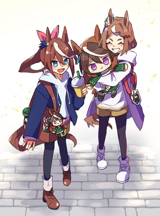 alternate_costume animal_ears backpack bag blue_eyes blue_jacket bow brown_footwear character_doll closed_eyes dagasitotaiyou ear_ornament green_jacket hair_ornament hairclip hood hoodie horse_ears horse_girl horse_tail jacket keychain long_hair long_sleeves military military_uniform multicolored_hair object_hug open_mouth pantyhose pink_bow ponytail purple_jacket shoulder_bag smile streaked_hair symboli_rudolf_(umamusume) tail tokai_teio_(umamusume) tsurumaru_tsuyoshi_(umamusume) umamusume uniform violet_eyes white_footwear white_hoodie white_pantyhose