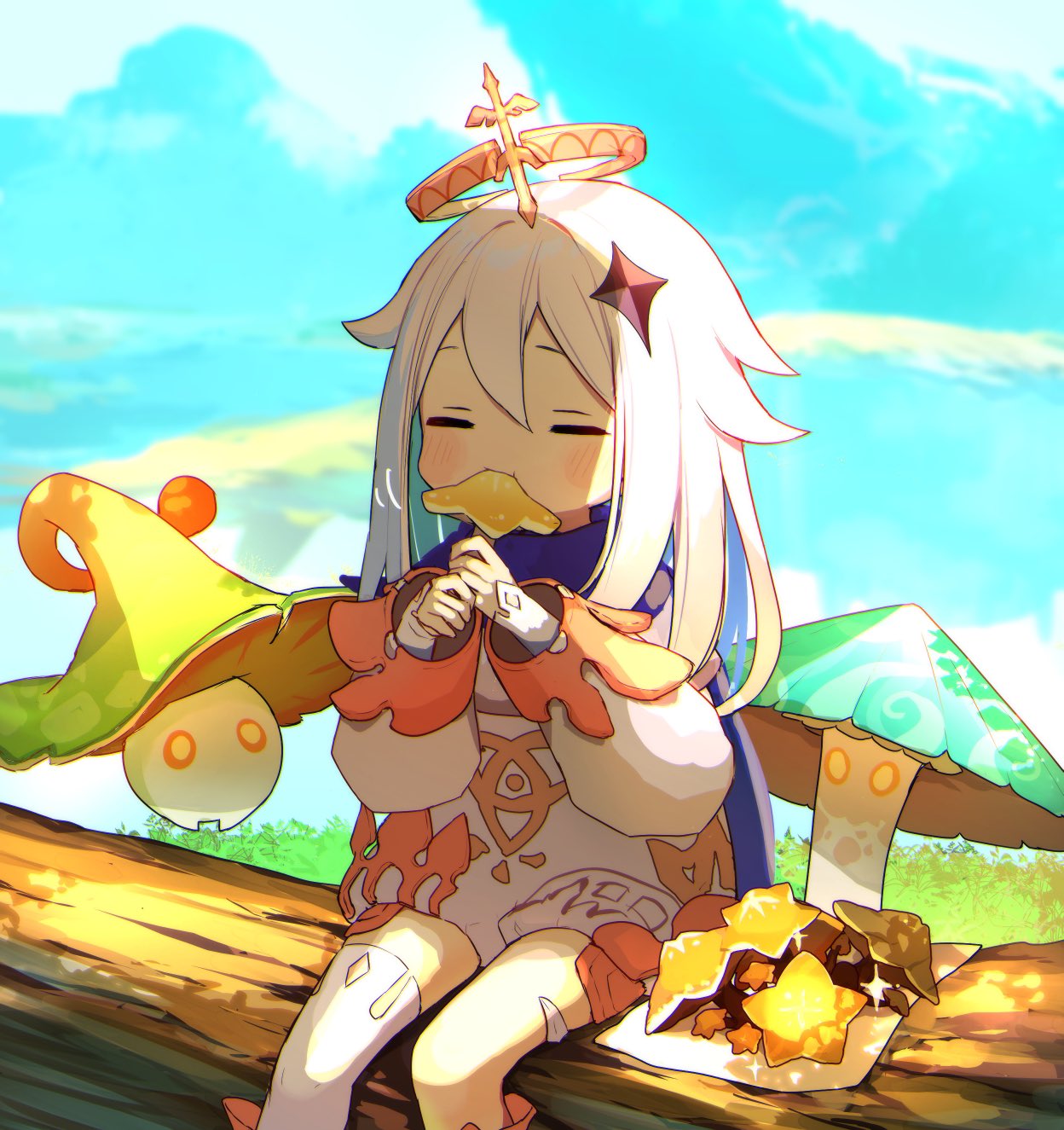 1girl 2others bangs chiroron closed_eyes dress eating food genshin_impact hair_between_eyes hair_flaps hair_ornament highres long_hair long_sleeves multiple_others mushroom paimon_(genshin_impact) sitting star_(symbol) star_hair_ornament starshroom_(genshin_impact) white_dress white_hair wood