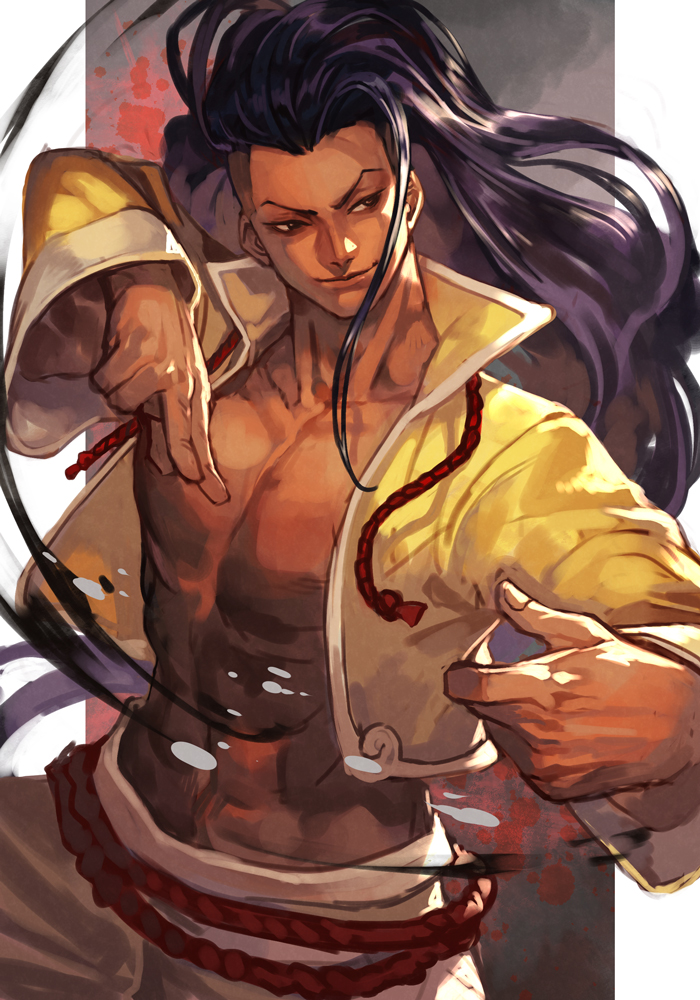 1boy alternate_hairstyle black_hair chinese_clothes cropped_jacket fighting_stance hankuri jacket jamie_(street_fighter) long_hair long_sleeves male_focus open_clothes open_jacket smile solo street_fighter street_fighter_6 toned undercut upper_body yellow_jacket