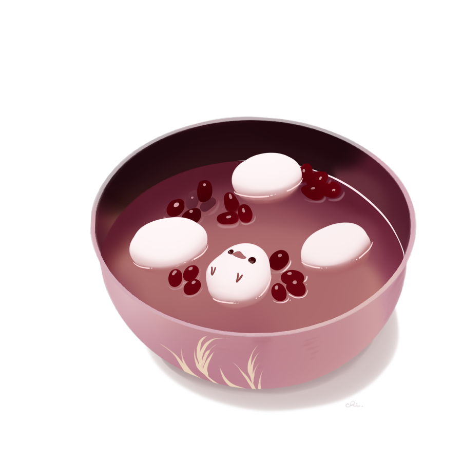 beans bird bowl chai_(drawingchisanne) commentary_request food food_focus in_food mochi no_humans original shiruko_(food) signature simple_background soup sweets_bird zouni_soup