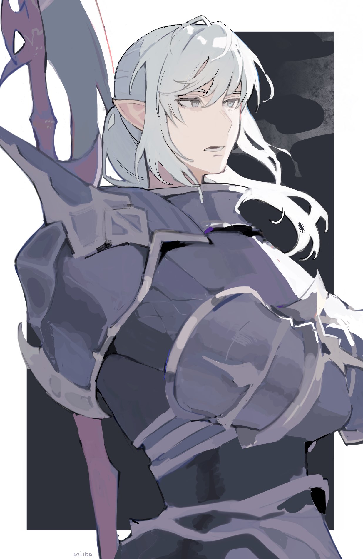 1boy armor artist_name bangs black_background border breastplate commentary crossed_arms dragoon_(final_fantasy) elezen elf estinien_varlineau expressionless final_fantasy final_fantasy_xiv floating_hair gauntlets grey_eyes grey_hair highres lance looking_ahead male_focus medium_hair milka_(milk4ppl) open_mouth outside_border pauldrons pointy_ears polearm ponytail shoulder_armor signature solo upper_body weapon weapon_on_back white_border