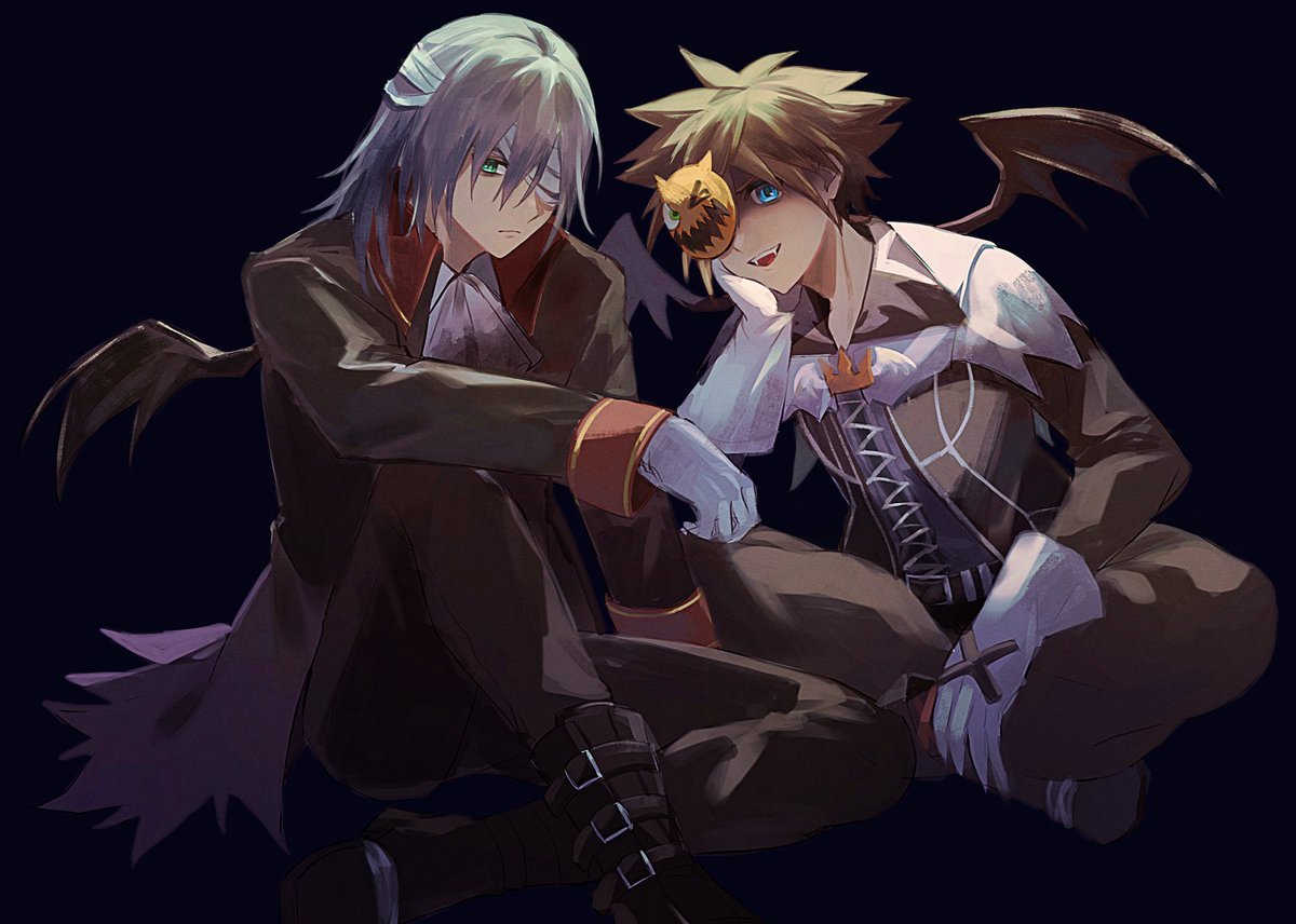 2boys aqua_eyes ascot bandage_over_one_eye bandaged_head bandages black_background black_jacket black_pants blue_eyes brown_hair collared_shirt demon_wings fangs foot_out_of_frame full_body gloves grey_hair hair_between_eyes head_on_hand indian_style jacket kingdom_hearts long_sleeves male_focus medium_hair multiple_boys official_alternate_costume one_eye_covered open_mouth pants riku_(kingdom_hearts) shirt short_hair sitting smile sora_(kingdom_hearts) spiky_hair white_ascot white_gloves wings wosinnk