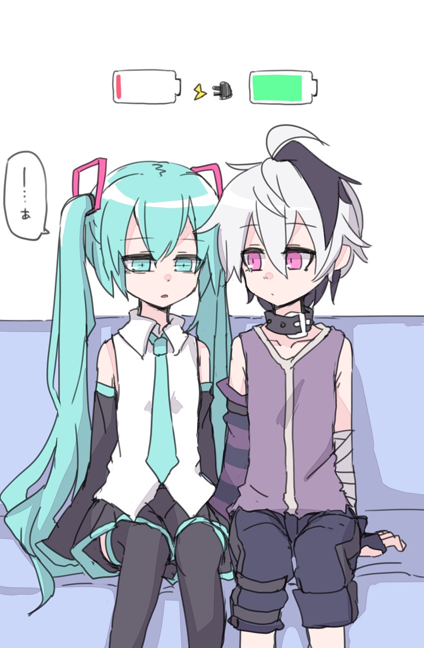 2girls android aqua_eyes aqua_hair aqua_necktie arm_warmers bandaged_arm bandages bare_shoulders battery_indicator belt_collar black_skirt black_sleeves black_thighhighs collar commentary couch detached_sleeves dot_mouth feet_out_of_frame fingerless_gloves flower_(vocaloid) flower_(vocaloid4) gloves hair_ornament hatsune_miku hatsune_miku_(vocaloid4) highres lightning_bolt_symbol long_hair looking_at_another miniskirt miri_(miri_1m) multicolored_hair multiple_girls necktie parted_lips pleated_skirt purple_gloves purple_hair purple_shirt purple_shorts shirt short_hair shorts single_arm_warmer sitting skirt sleeveless sleeveless_shirt speech_bubble streaked_hair striped_arm_warmers thigh-highs translated twintails v4x very_long_hair vocaloid waking_up white_hair white_shirt zettai_ryouiki