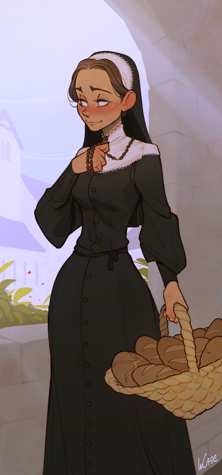1girl basket black_dress blush bread breasts brown_hair buttons capelet catholic day dress english_commentary food forehead freckles habit highres incase long_dress nun original robe rosary short_hair small_breasts solo white_capelet wide_hips