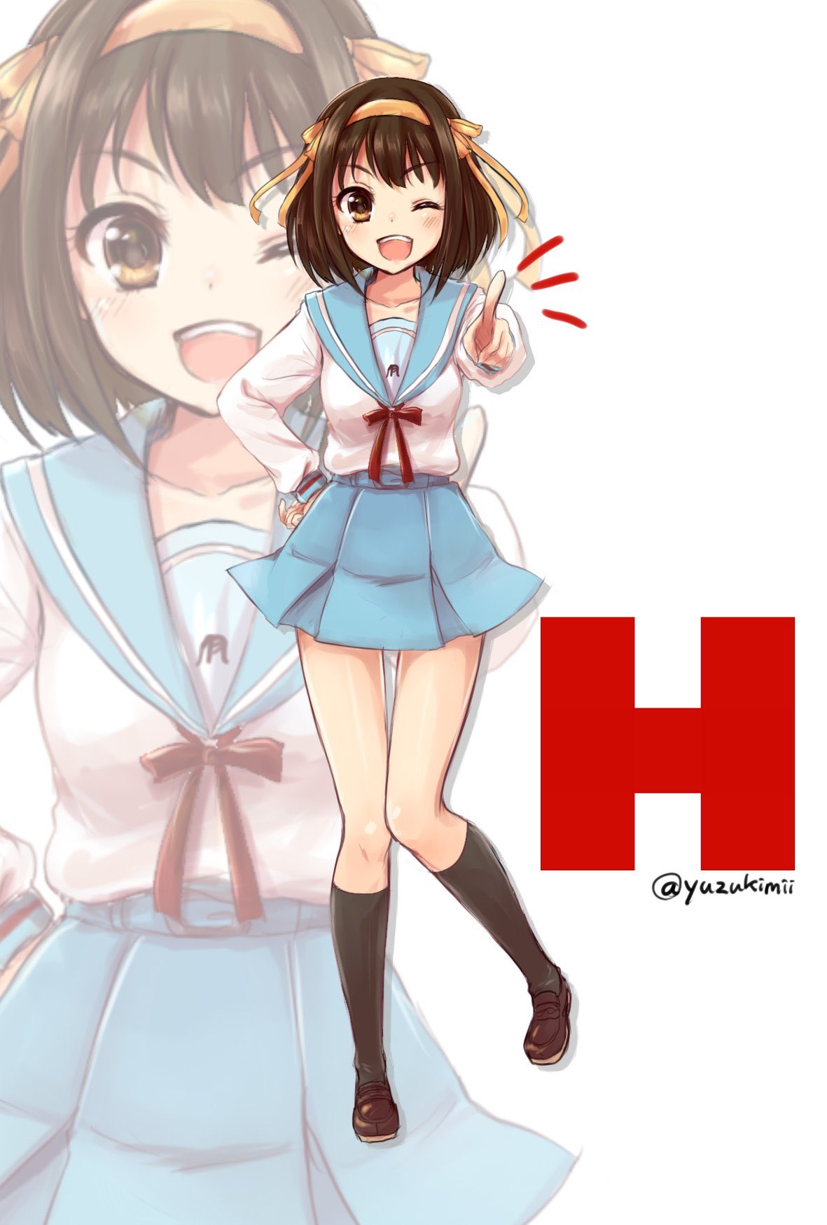 1girl ;d artist_name bangs black_socks blue_sailor_collar blue_skirt bob_cut brown_eyes brown_footwear brown_hair close-up collarbone full_body hair_ribbon hairband hand_on_hip highres kita_high_school_uniform kneehighs kudukimii loafers long_sleeves notice_lines one_eye_closed open_mouth pointing pointing_at_viewer red_ribbon ribbon sailor_collar school_uniform serafuku shoes short_hair skirt smile socks solo suzumiya_haruhi suzumiya_haruhi_no_yuuutsu twitter_username watermark yellow_hairband yellow_ribbon