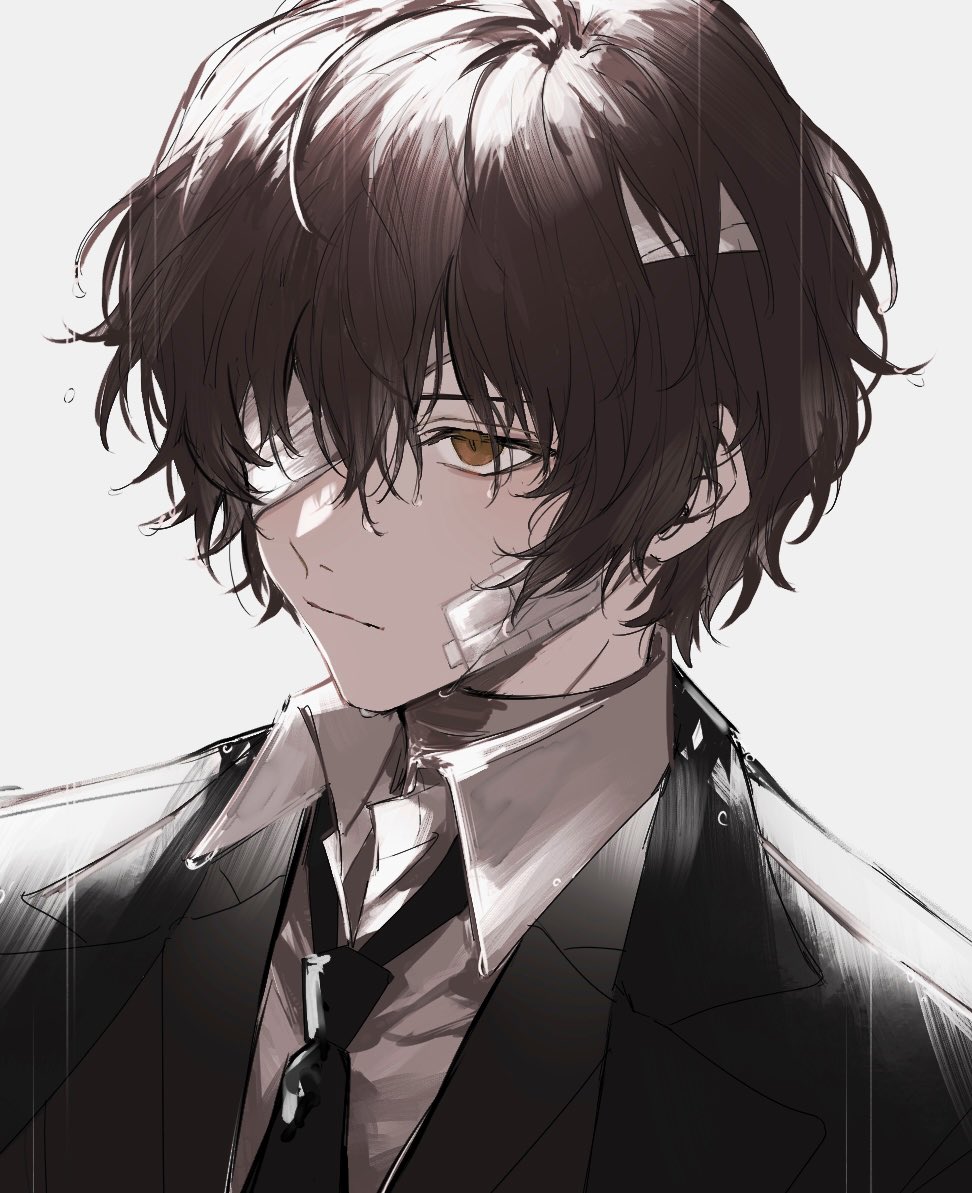 1boy :| bandage_on_face bandage_over_one_eye bandages bangs black_necktie black_suit brown_eyes brown_hair bungou_stray_dogs closed_mouth collared_shirt dazai_osamu_(bungou_stray_dogs) expressionless formal grey_background looking_ahead male_focus necktie nozz177 one_eye_covered portrait rain shirt short_hair simple_background solo suit water_drop white_shirt