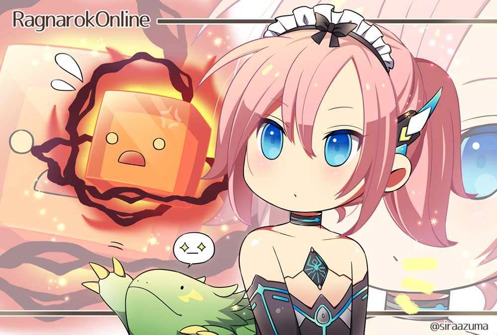 1girl android anger_vein bangs black_dress black_gloves blue_eyes blush chibi closed_mouth commentary_request copyright_name dress elbow_gloves expressionless flying_sweatdrops gloves hair_between_eyes lizard looking_at_viewer maid_headdress mansion_manager medium_hair pink_hair pitaya_(ragnarok_online) ponytail ragnarok_online red_pepper_(ragnarok_online) shiraazuma strapless strapless_dress upper_body zoom_layer