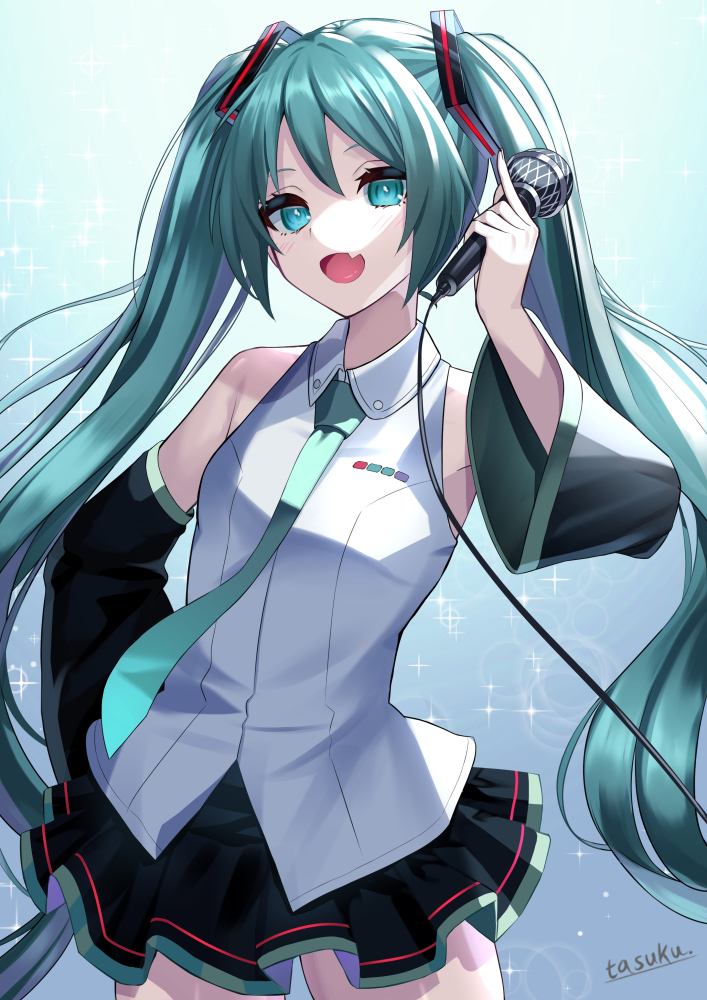1girl :d aqua_eyes aqua_hair artist_name bangs bare_shoulders black_skirt black_sleeves blue_background blush breasts commentary cowboy_shot detached_sleeves fang gradient gradient_background green_hair hair_ornament hand_on_hip hand_up hatsune_miku holding holding_microphone long_hair long_sleeves looking_at_viewer making-of_available microphone miniskirt necktie open_mouth pleated_skirt revision shirt skin_fang skirt sleeveless sleeveless_shirt small_breasts smile solo tasuku_(user_fkzv3343) thigh-highs twintails very_long_hair vocaloid watermark