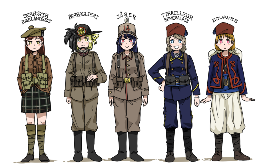 4girls alternate_costume anyan_(jooho) love_live! love_live!_sunshine!! military military_uniform multiple_girls ohara_mari sakurauchi_riko tagme takami_chika tsushima_yoshiko uniform watanabe_you white_background world_war_i