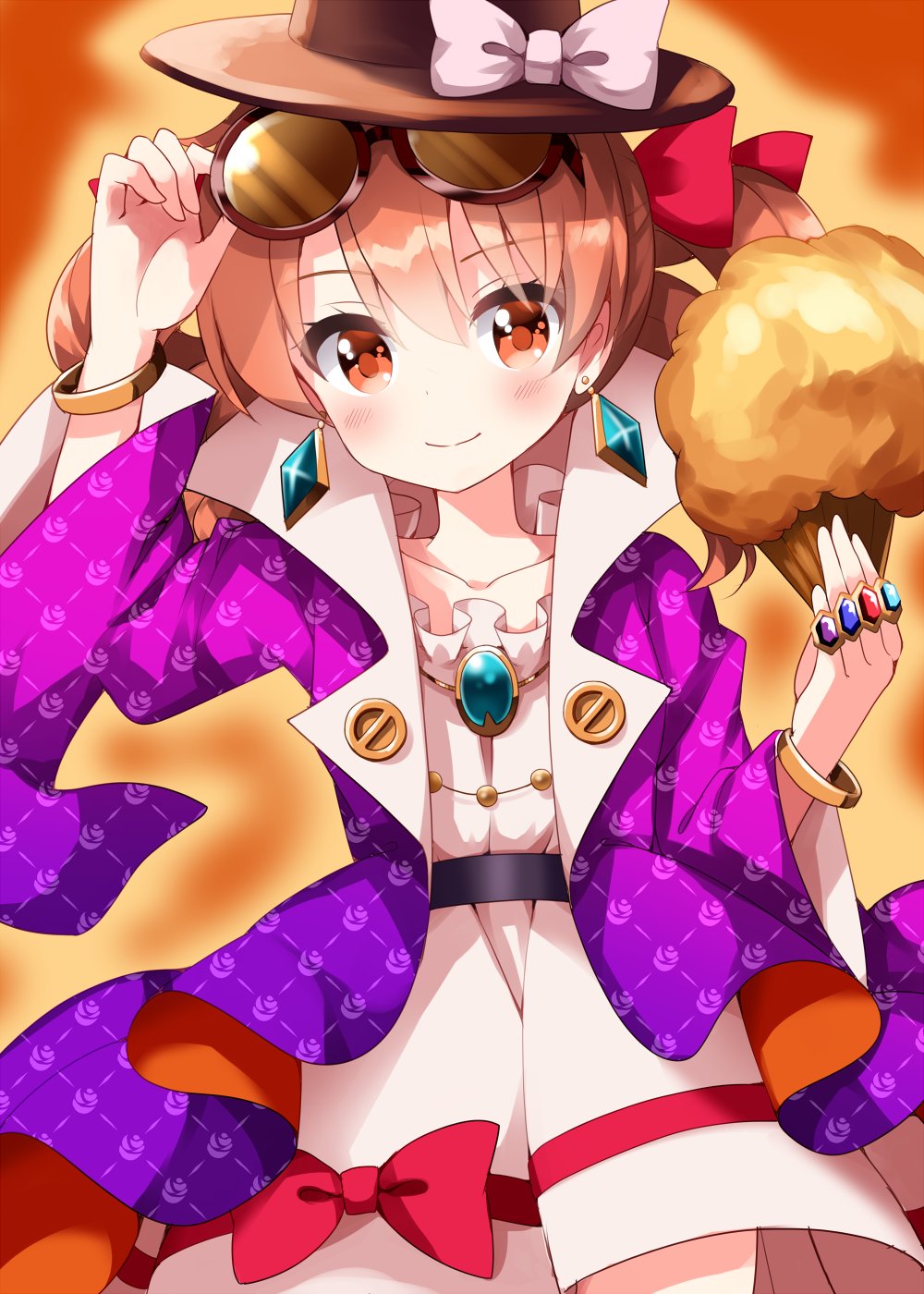 bow coat dress drill_hair earrings eyewear_on_head floral_print hat hat_bow high_collar highres jewelry light_brown_hair necklace one-hour_drawing_challenge orange_eyes pendant ribbon ring round_eyewear ruu_(tksymkw) sunglasses top_hat touhou twin_drills white_dress yorigami_jo'on