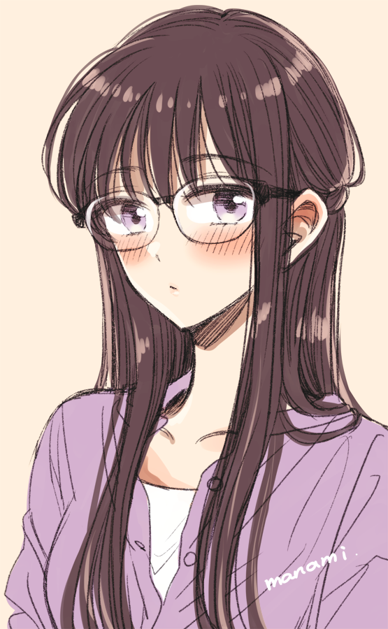 1girl bangs black-framed_eyewear blush brown_hair buttons closed_mouth collarbone commentary_request glasses grey_background himawari-san himawari-san_(character) long_hair looking_at_viewer purple_shirt shirt signature simple_background sketch solo sugano_manami upper_body violet_eyes white_shirt