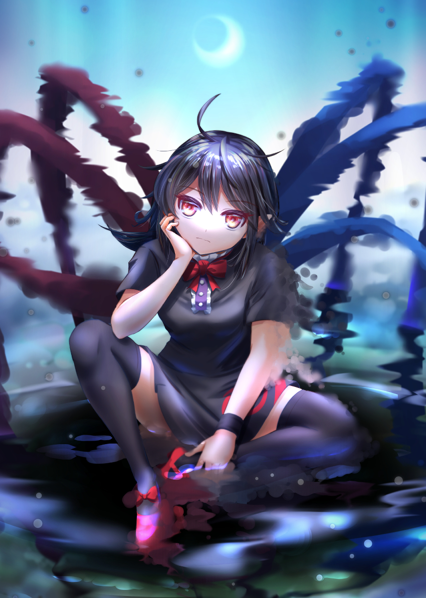 1girl asymmetrical_wings bangs black_dress black_hair black_thighhighs blue_wings bow bowtie breasts buttons center_frills closed_mouth commentary_request dress eclipse expressionless fog footwear_bow frilled_dress frills full_body head_rest houjuu_nue looking_at_viewer mary_janes medium_breasts medium_hair pointy_ears red_bow red_bowtie red_eyes red_footwear red_wings shoes short_dress short_sleeves sitting solar_eclipse solo thigh-highs tomoe_(symbol) touhou water wings wristband yakkyokuya
