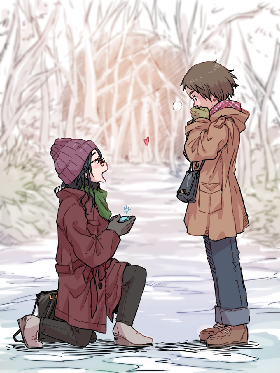 2girls black_hair blush brown_hair commentary_request covering_mouth glasses hand_over_own_mouth heart highres m_k multiple_girls one_knee open_mouth original outdoors proposal winter winter_clothes yuri