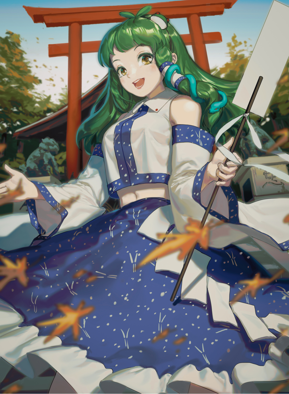 1girl :d antenna_hair autumn_leaves blue_skirt blush chun_lanlanlan collared_vest commentary cowboy_shot detached_sleeves falling_leaves frog_hair_ornament gohei green_hair hair_ornament hair_tubes highres holding holding_gohei kochiya_sanae leaf lips long_hair looking_at_viewer maple_leaf midriff navel open_mouth shrine skirt smile snake_hair_ornament solo stone_lantern teeth torii touhou vest white_sleeves white_vest wide_sleeves yellow_eyes