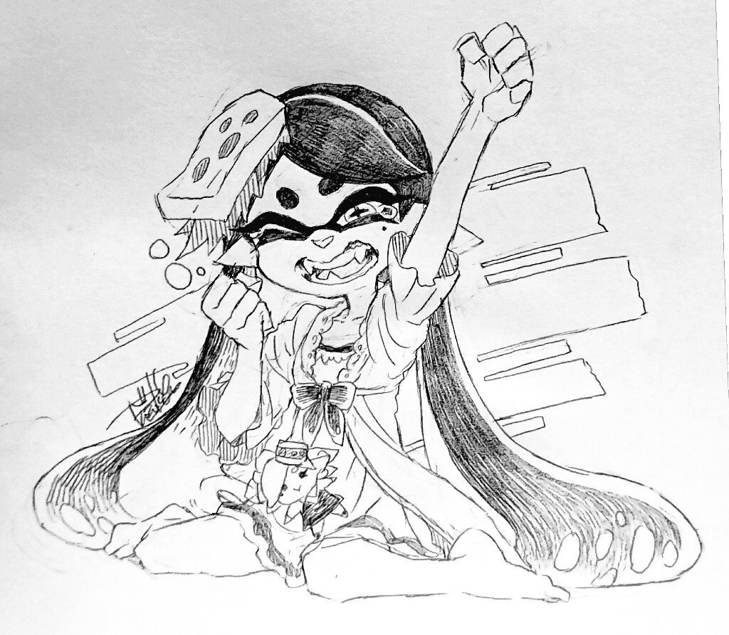 1girl alternate_costume alternate_hairstyle arm_up bare_legs barefoot callie_(splatoon) character_doll cross-shaped_pupils fangs food food_on_head hair_down hand_up isamu-ki_(yuuki) long_hair marie_(splatoon) mole mole_under_eye monochrome object_on_head open_mouth pointy_ears simple_background single_tear sitting solo splatoon_(series) teeth tentacle_hair traditional_media waking_up white_background