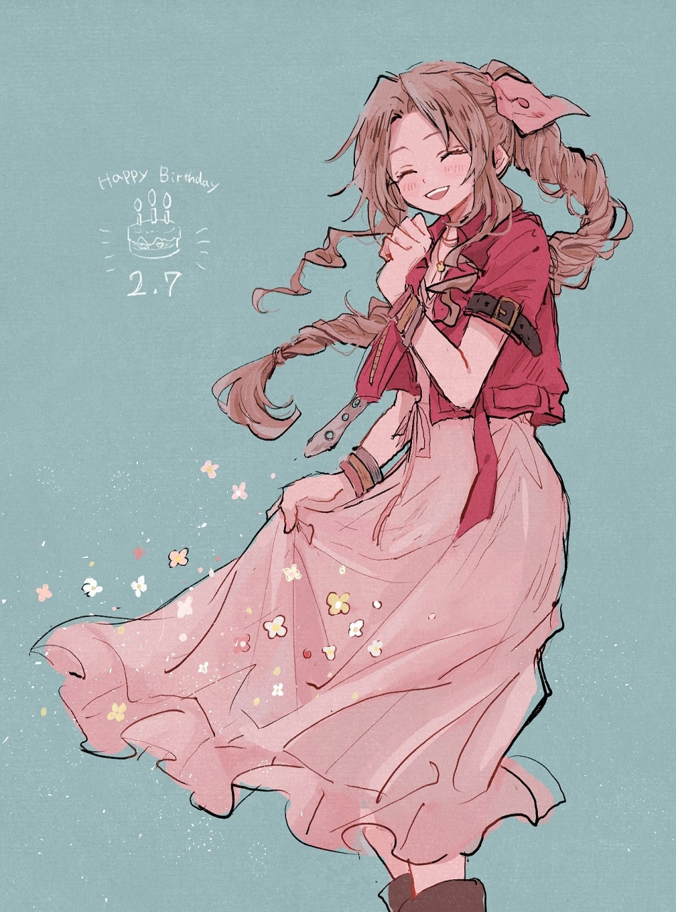 1girl aerith_gainsborough aqua_background bangle bangs blush boots bracelet braid braided_ponytail brown_footwear brown_hair choker closed_eyes cropped_jacket dated dress feet_out_of_frame final_fantasy final_fantasy_vii final_fantasy_vii_remake flower hair_ribbon hand_up happy_birthday highres jacket jewelry laughing long_dress nocoyaki open_mouth parted_bangs pink_dress pink_ribbon red_jacket ribbon short_sleeves sidelocks smile solo teeth upper_teeth