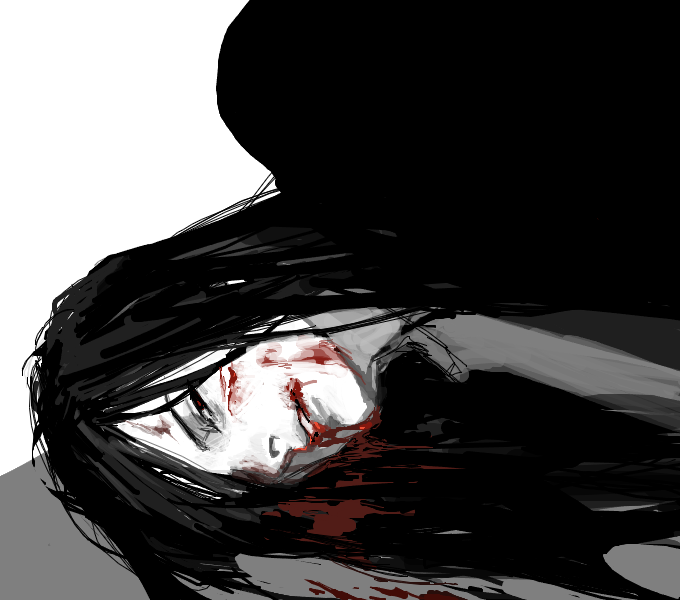 1boy bangs black_hair blood blood_from_mouth blood_on_face danganronpa_(series) danganronpa_2:_goodbye_despair grin kamukura_izuru long_hair looking_at_viewer lying male_focus on_side rei_(tdn_ng) sketch smile solo teeth white_background