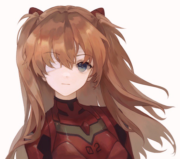 1girl bandage_over_one_eye bangs blue_eyes breasts closed_mouth commentary_request hair_ornament korean_commentary long_hair long_sleeves looking_at_viewer neon_genesis_evangelion orange_hair plugsuit portrait simple_background small_breasts solo souryuu_asuka_langley xunri