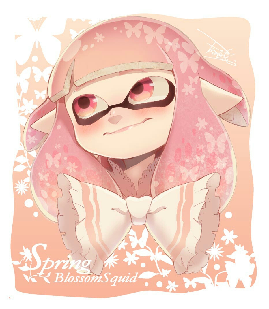 1girl blush bow bug butterfly closed_mouth inkling inkling_girl isamu-ki_(yuuki) lace long_hair looking_away pink_eyes pink_hair pink_lips pointy_ears smile solo splatoon_(series) tentacle_hair upper_body white_bow