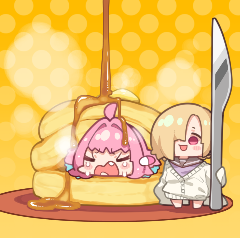 2girls ahoge bangs blonde_hair blue_hair blush_stickers butter cardigan closed_eyes commentary crying earrings fang food grey_sailor_collar hair_over_one_eye holding holding_knife idolmaster idolmaster_cinderella_girls jewelry knife multicolored_hair multiple_girls open_mouth orange_background oversized_food oversized_object pancake pancake_stack pill_earrings pink_hair polka_dot polka_dot_background purple_shirt sailor_collar shirasaka_koume shirt short_hair steam symbol-only_commentary syrup takato_kurosuke two-tone_hair very_long_sleeves white_cardigan yumemi_riamu