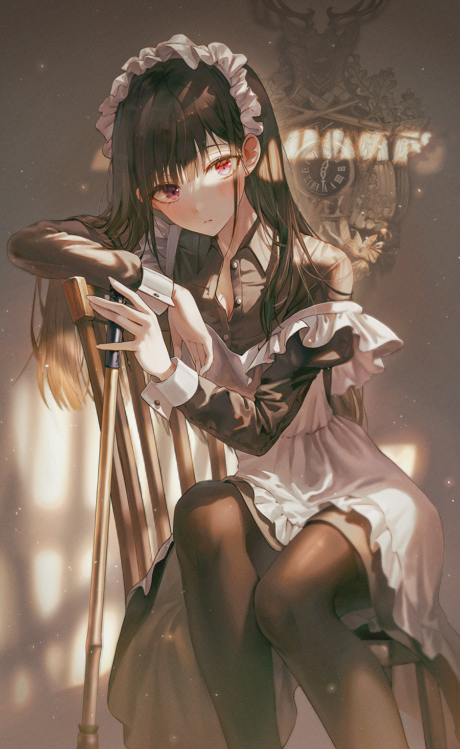 1girl bangs black_hair closed_mouth commentary dress_shirt highres light_particles long_hair long_sleeves looking_at_viewer maid maid_headdress on_chair original pantyhose pink_eyes shirt sitting solo symbol-only_commentary tokkyu
