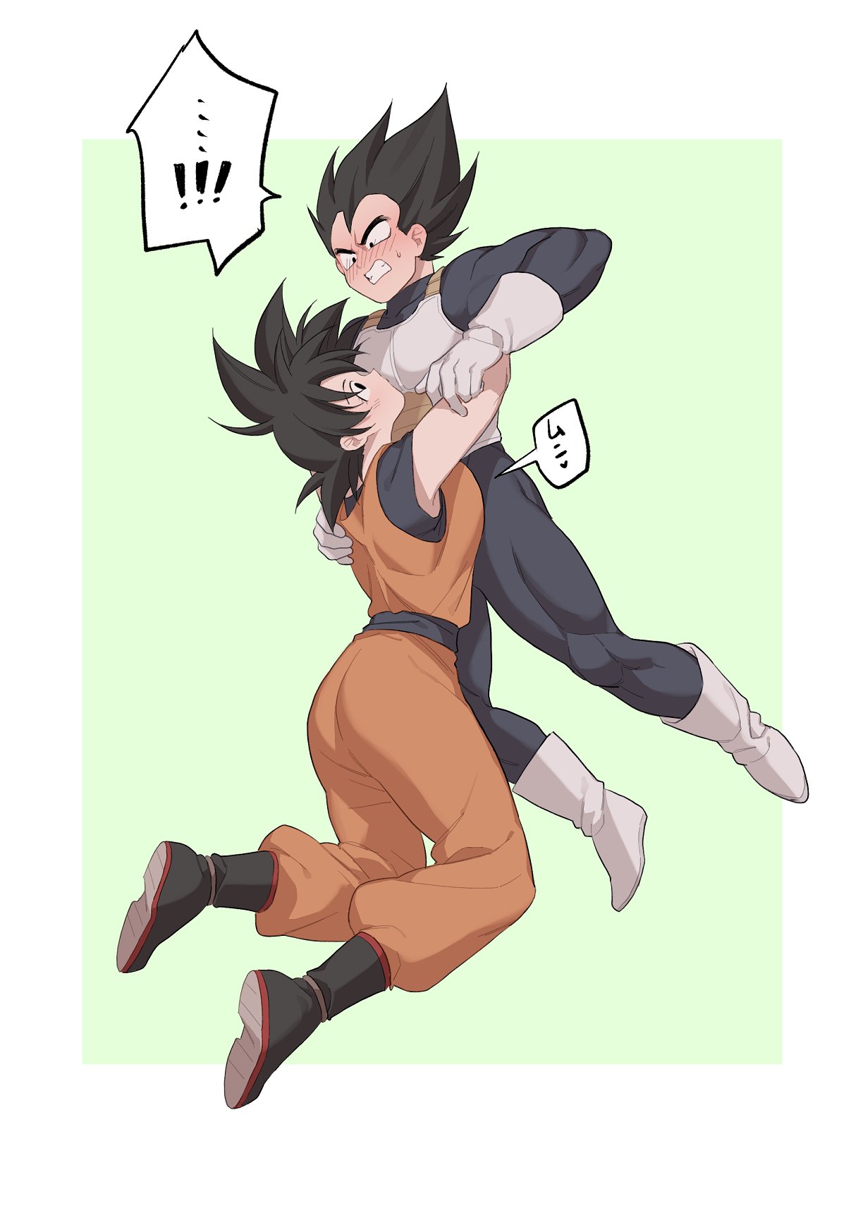 ! !! ... 1boy 1girl armor black_hair blush bodysuit boots breasts clenched_teeth dougi dragon_ball dragon_ball_z eye_contact floating full_body genderswap genderswap_(mtf) gloves hetero highres hug kkkkkirrier looking_at_another son_goku spiky_hair teeth vegeta white_gloves