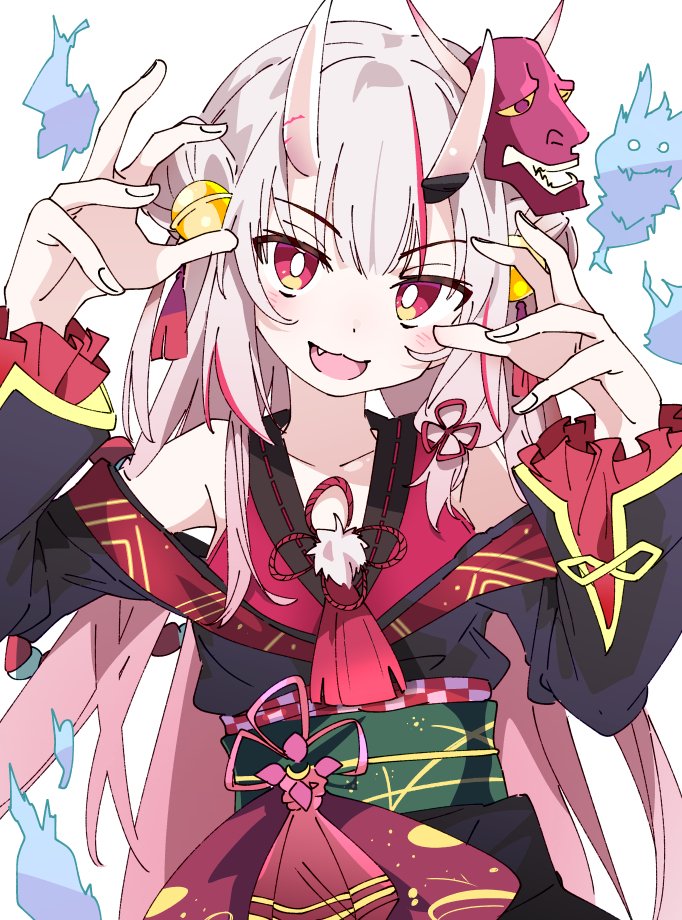 1girl bangs breasts bright_pupils fang fingernails hololive horns ixy japanese_clothes long_hair looking_at_viewer mask mask_on_head nakiri_ayame obi oni oni_horns open_mouth red_eyes sash small_breasts smile solo virtual_youtuber white_hair white_horns white_pupils