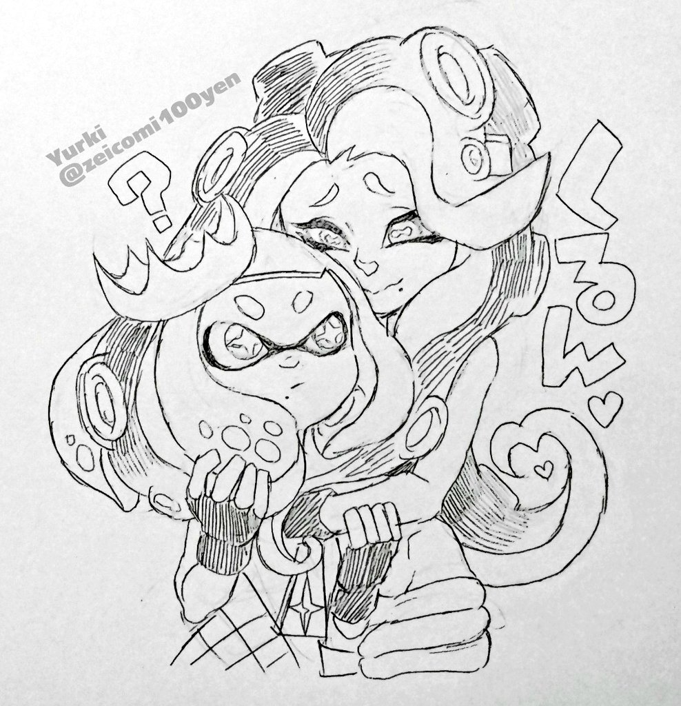 2girls ? cephalopod_eyes cross-shaped_pupils fingerless_gloves furrowed_brow gloves groin heart heart_hair horizontal_pupils hug isamu-ki_(yuuki) long_hair looking_at_another marina_(splatoon) medium_hair mole mole_under_mouth monochrome multiple_girls octarian pearl_(splatoon) simple_background smile splatoon_(series) splatoon_2 suction_cups tentacle_hair traditional_media twitter_username white_background zipper_pull_tab