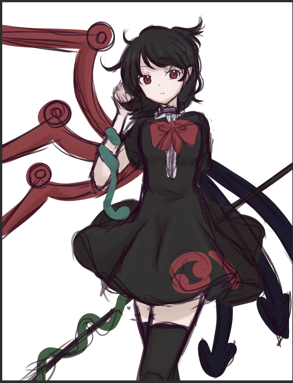 1girl asymmetrical_wings black_border black_dress black_hair border bow bowtie dress highres houjuu_nue letterboxed pipita polearm red_bow red_bowtie red_eyes shoes short_dress snake solo thigh-highs touhou weapon wings