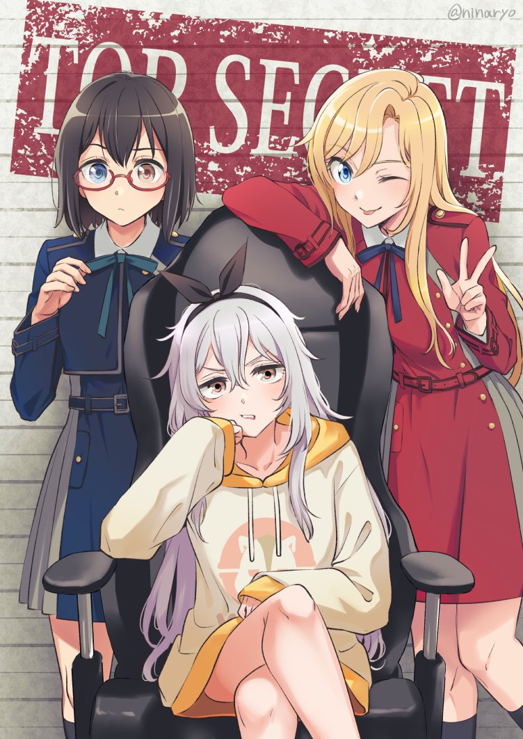 3girls annoyed artist_name black_hair blonde_hair blue_eyes brown_eyes chair cosplay crossed_legs english_text glasses hair_ribbon hand_on_own_face heterochromia hood hoodie inoue_takina inoue_takina_(cosplay) kamikoshi_sorawo kozakura_(urasekai_picnic) kurumi_(lycoris_recoil) kurumi_(lycoris_recoil)_(cosplay) long_hair looking_at_viewer lycoris_recoil lycoris_uniform multiple_girls niina_ryou nishikigi_chisato nishikigi_chisato_(cosplay) nishina_toriko one_eye_closed parody red-framed_eyewear ribbon short_hair sitting sleeves_past_wrists socks standing tongue tongue_out urasekai_picnic v very_long_hair white_hair