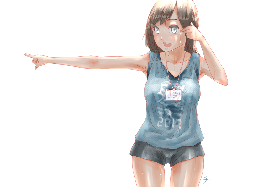 1girl arm_up backlighting bangs breasts brown_hair check_commentary collarbone commentary commentary_request din_(pixiv25800872) grey_eyes looking_to_the_side medium_breasts open_mouth original outstretched_arm pointing short_shorts short_sleeves shorts signature simple_background stained_clothes summer sweat sweaty_clothes tank_top thighs white_background