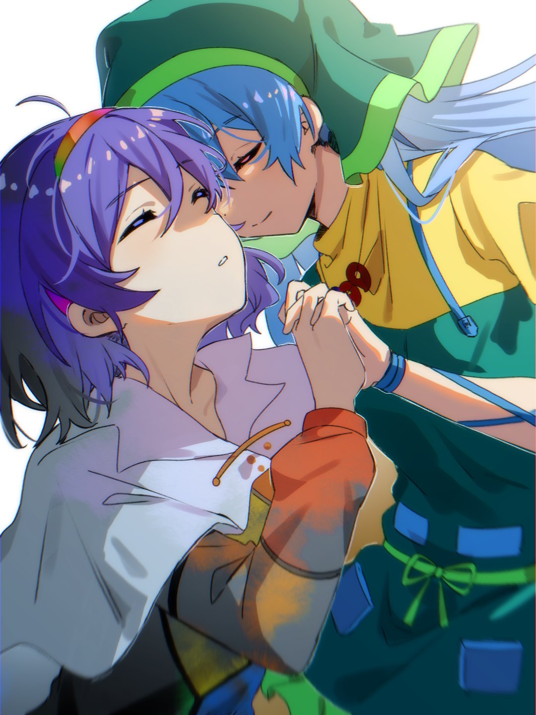 2girls ahoge apron blue_hair cape closed_eyes closed_mouth green_apron green_headwear haniyasushin_keiki head_scarf highres holding_hands jewelry long_hair long_sleeves magatama magatama_necklace multicolored_clothes multicolored_hairband multiple_girls necklace parted_lips patchwork_clothes short_hair simple_background single_strap smile tenkyuu_chimata touhou upper_body white_background white_cape xiebaowang