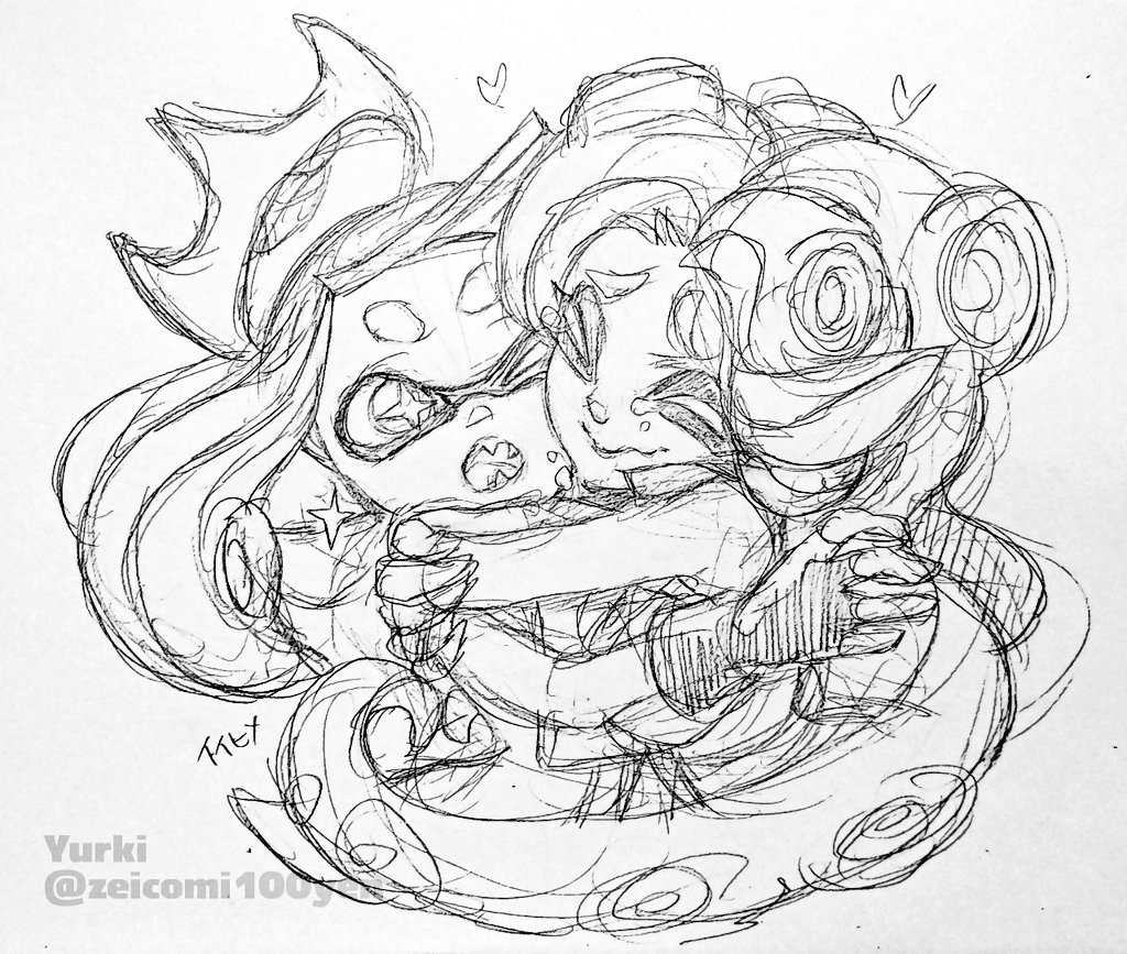 2girls ^_^ closed_eyes closed_mouth cross-shaped_pupils fingerless_gloves gloves heart hug isamu-ki_(yuuki) long_hair looking_at_another marina_(splatoon) monochrome multiple_girls octarian one_eye_closed open_mouth pearl_(splatoon) simple_background smile splatoon_(series) splatoon_2 suction_cups teeth tentacle_hair traditional_media twitter_username white_background