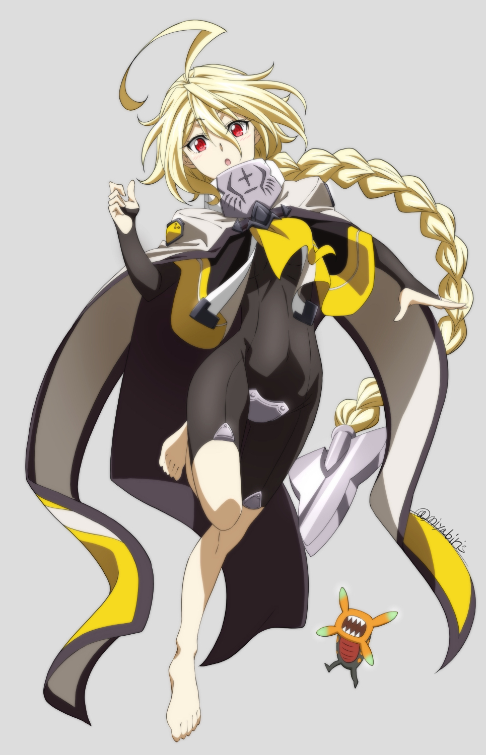 1girl :o ahoge bangs barefoot black_jumpsuit blonde_hair braid braided_ponytail bridal_gauntlets character_request floating_hair grey_background hair_between_eyes highres jumpsuit long_hair long_sleeves looking_at_viewer miyabi_mt-b open_mouth red_eyes simple_background solo twitter_username very_long_hair