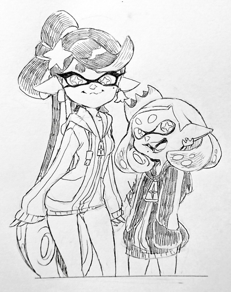 2girls :d alternate_costume callie_(splatoon) closed_mouth cross-shaped_pupils crown_earrings earrings greyscale hair_ornament hands_in_pockets isamu-ki_(yuuki) jewelry long_hair long_sleeves looking_at_viewer medium_hair mismatched_earrings mole mole_under_eye mole_under_mouth monochrome multiple_girls open_mouth pearl_(splatoon) pocket pointy_ears simple_background sleeves_past_wrists smile splatoon_(series) star_(symbol) star_hair_ornament suction_cups teeth tentacle_hair traditional_media white_background zipper_pull_tab