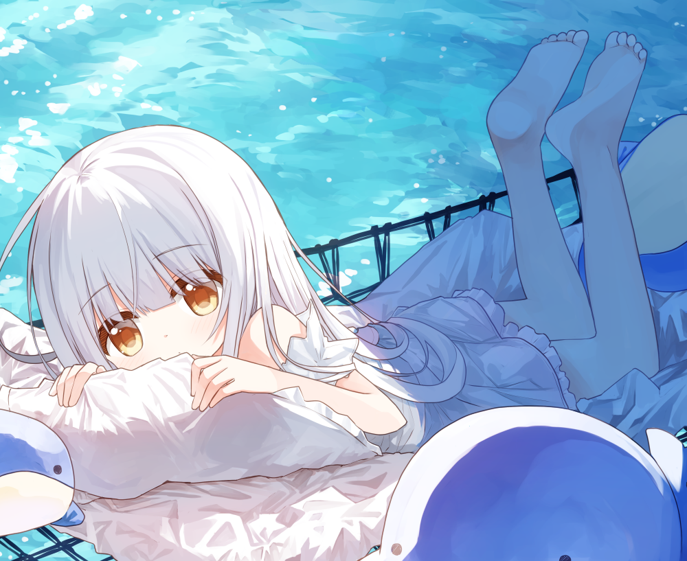 1girl bangs bare_shoulders barefoot blush brown_eyes bunny_girl_(yuuhagi_(amaretto-no-natsu)) closed_mouth dress frilled_dress frills full_body hair_between_eyes hands_up legs_up long_hair looking_at_viewer lying on_stomach original pillow soles solo very_long_hair water white_hair yuuhagi_(amaretto-no-natsu)