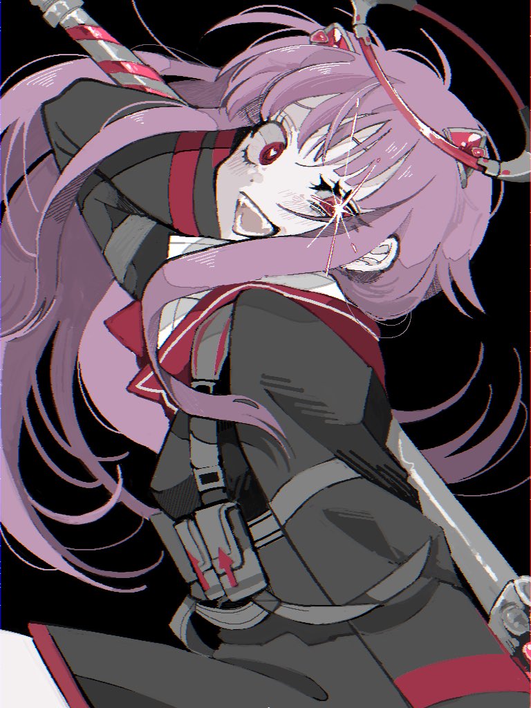 1girl :d animal_ears black_background black_jacket cat_ears crazy_smile dress fake_animal_ears fangs heart heart-shaped_pupils jacket long_hair long_sleeves mechanical_ears mechanical_halo muted_color ootori_emu open_mouth pink_eyes pink_hair pouch project_sekai smile solo sparkle symbol-shaped_pupils tabun_ningen tactical_clothes very_long_hair white_dress