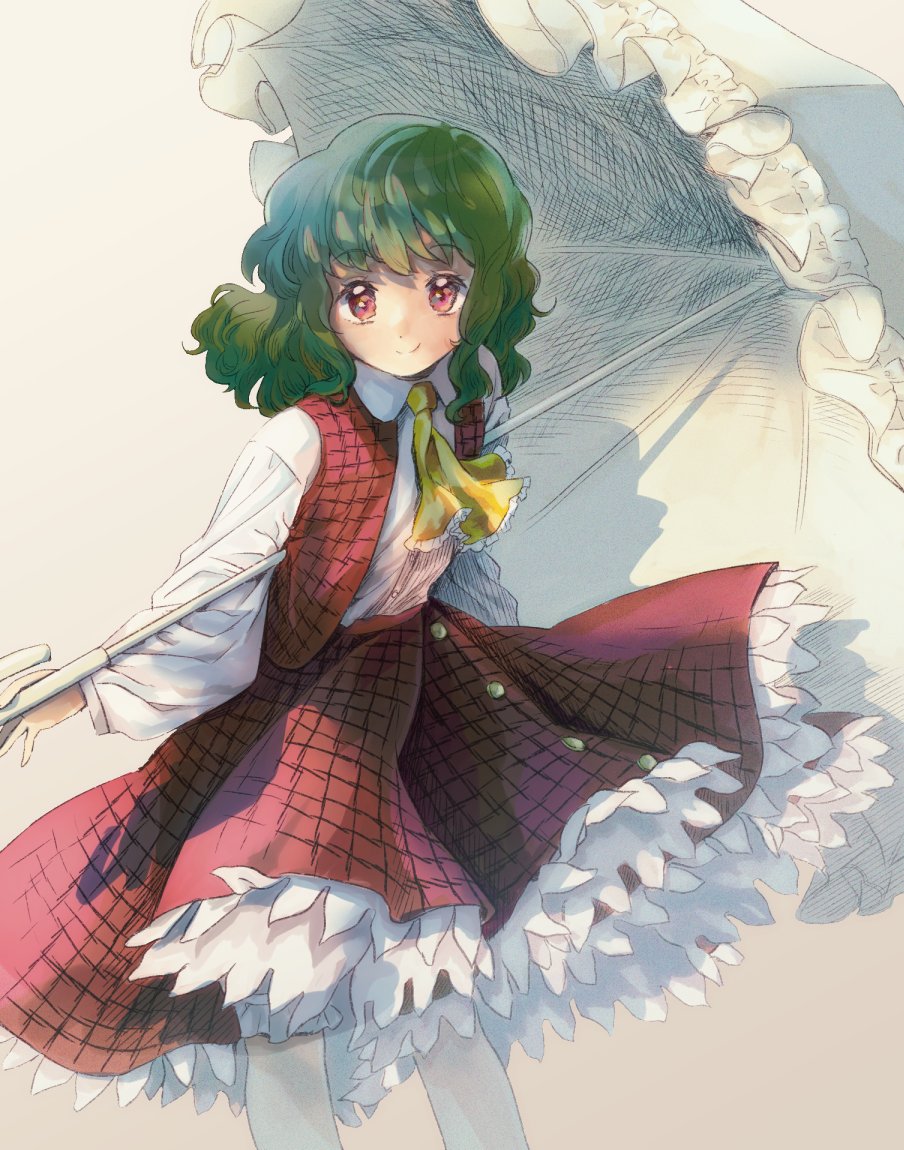 1girl ascot closed_mouth collared_shirt commentary_request cowboy_shot flat_chest frilled_ascot frilled_skirt frills green_hair happy holding holding_umbrella kazami_yuuka kinosaki long_hair long_sleeves medium_hair open_clothes open_vest pantyhose parasol plaid plaid_skirt plaid_vest red_eyes red_skirt red_vest retro_artstyle shirt skirt skirt_set smile solo touhou umbrella vest wavy_hair white_pantyhose white_shirt white_umbrella yellow_ascot
