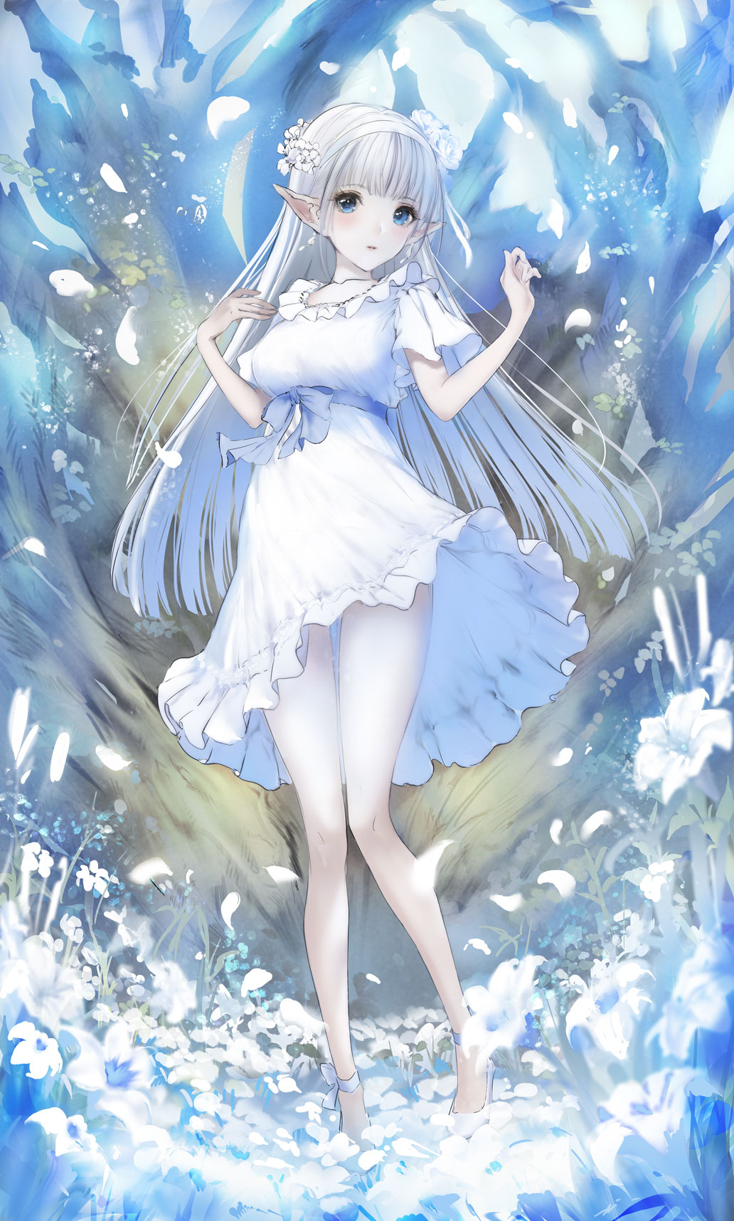 1girl ankle_ribbon blue_eyes breasts dress elf flower hair_flower hair_ornament hairband high_heels highres jellybox leg_ribbon looking_at_viewer medium_breasts original pointy_ears ribbon white_dress white_footwear white_hair white_hairband