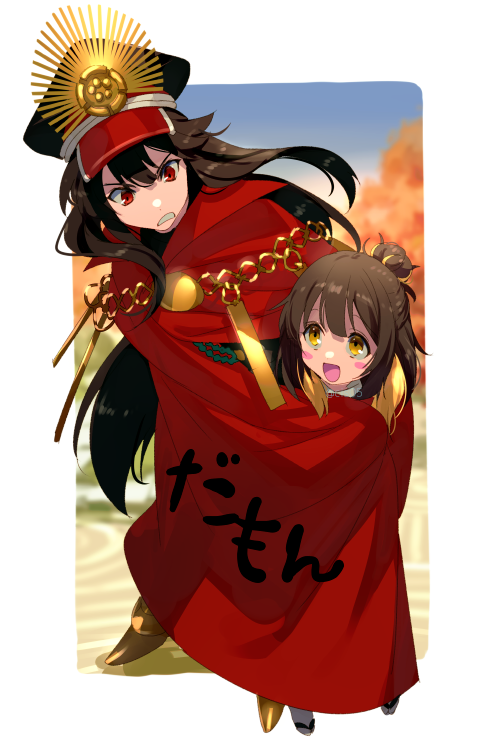 1boy 1girl :d bangs black_hair blonde_hair blush blush_stickers brown_hair cape child commentary_request echo_(circa) family_crest fate/grand_order fate_(series) hair_between_eyes hair_tie hat holding holding_cape holding_clothes long_hair looking_at_another male_child multicolored_hair oda_nobunaga_(fate) oda_nobunaga_(koha-ace) oda_uri open_mouth peaked_cap red_cape red_eyes shusha_(fate) sidelocks smile standing teeth two-tone_hair very_long_hair yellow_eyes