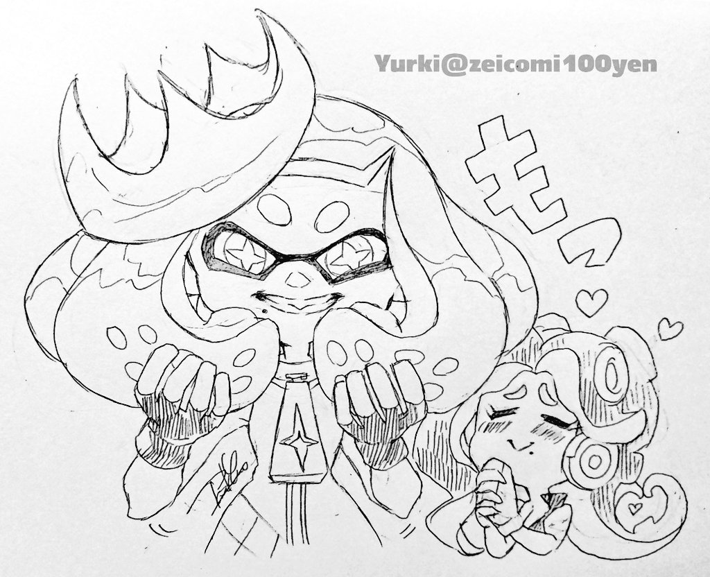 2girls :&gt; blush breasts closed_eyes closed_mouth fingerless_gloves furrowed_brow gloves grin hands_up headphones heart holding holding_hair interlocked_fingers isamu-ki_(yuuki) long_hair looking_at_viewer marina_(splatoon) medium_breasts medium_hair mole mole_under_mouth monochrome motion_lines multiple_girls own_hands_clasped own_hands_together pearl_(splatoon) simple_background smile splatoon_(series) splatoon_2 suction_cups traditional_media white_background zipper_pull_tab