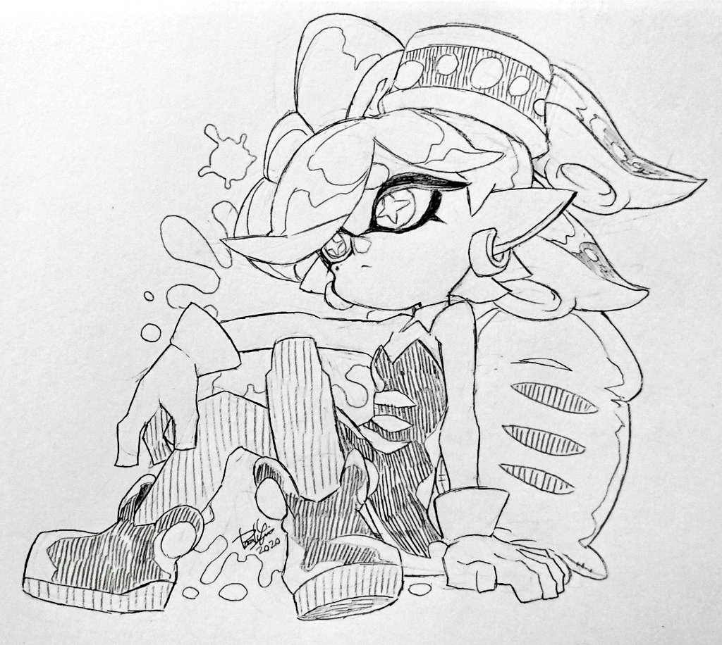 1girl 2020 bare_shoulders closed_mouth cross-shaped_pupils detached_collar dress earrings frown full_body gloves isamu-ki_(yuuki) jewelry marie_(splatoon) mole mole_under_eye monochrome paint_splatter pantyhose pointy_ears short_hair simple_background sitting solo splatoon_(series) splatoon_1 strapless strapless_dress suction_cups tentacle_hair traditional_media white_background