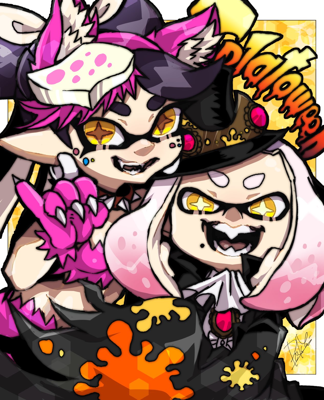 2girls :d animal_ears animal_hands ascot black_cape black_headwear brooch brown_collar callie_(splatoon) cape center_frills collar cross-shaped_pupils crown fake_animal_ears food food_on_head frills gloves gradient_hair halloween hat highres isamu-ki_(yuuki) jewelry long_hair mole mole_under_eye mole_under_mouth multicolored_hair multiple_girls object_on_head paint_splatter paw_gloves pearl_(splatoon) pink_gemstone pink_hair pointy_ears purple_hair smile spiked_collar spikes splatoon_(series) teeth tentacle_hair top_hat two-tone_hair white_ascot white_hair wolf_ears yellow_eyes