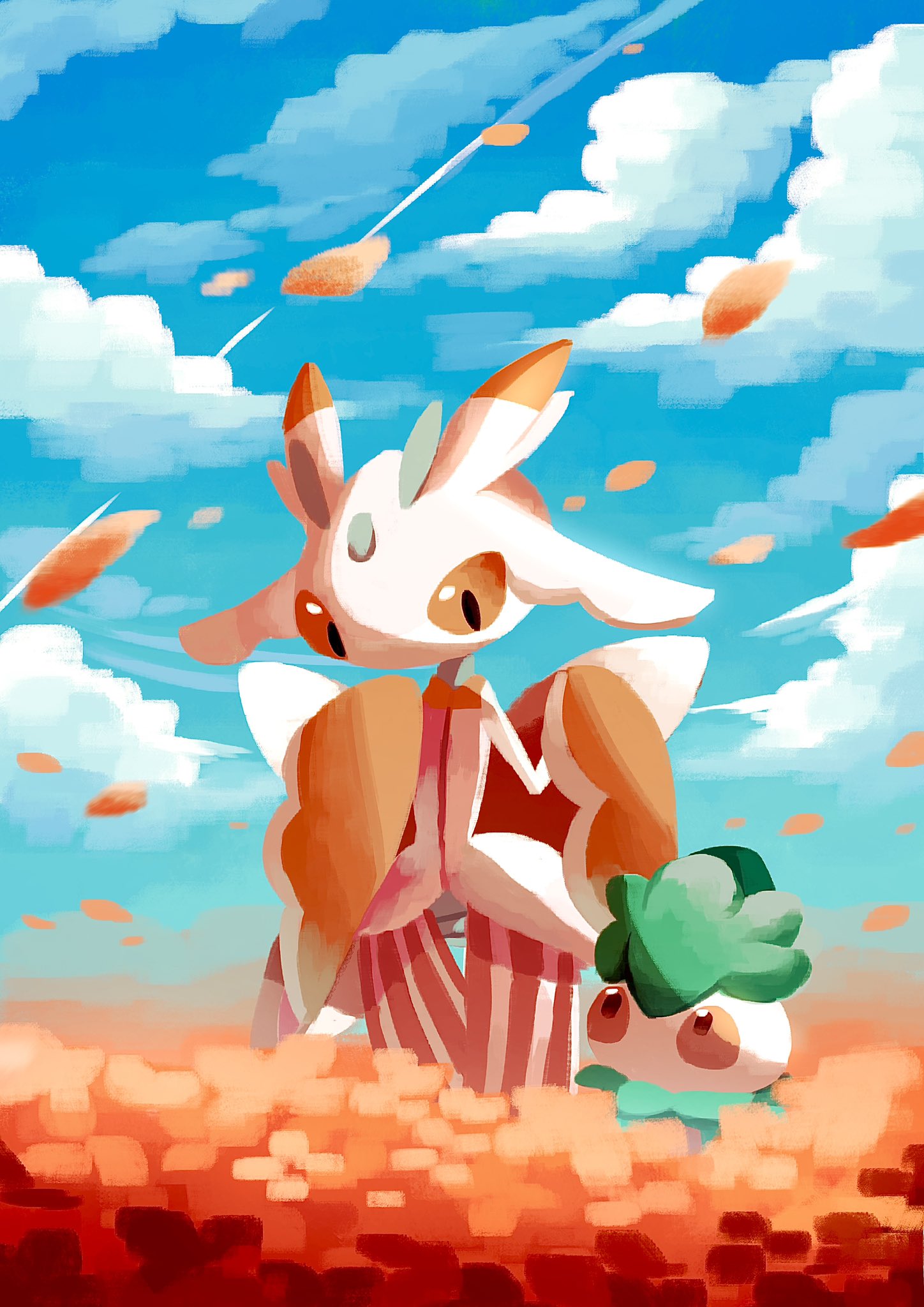 1girl antennae arthropod_girl black_eyes blue_sky clouds colored_sclera colored_skin commentary contrail day eye_contact falling_petals field flat_chest flower flower_field fomantis furry furry_female ghostpokemon94 hands_up highres looking_at_another looking_down looking_up lurantis multicolored_skin outdoors petals pokemon pokemon_(creature) red_flower red_sclera red_skin sky standing two-tone_skin white_skin